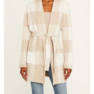Calligraphy, NWT hooded cardigan, beige +cream big checkered pattern / M